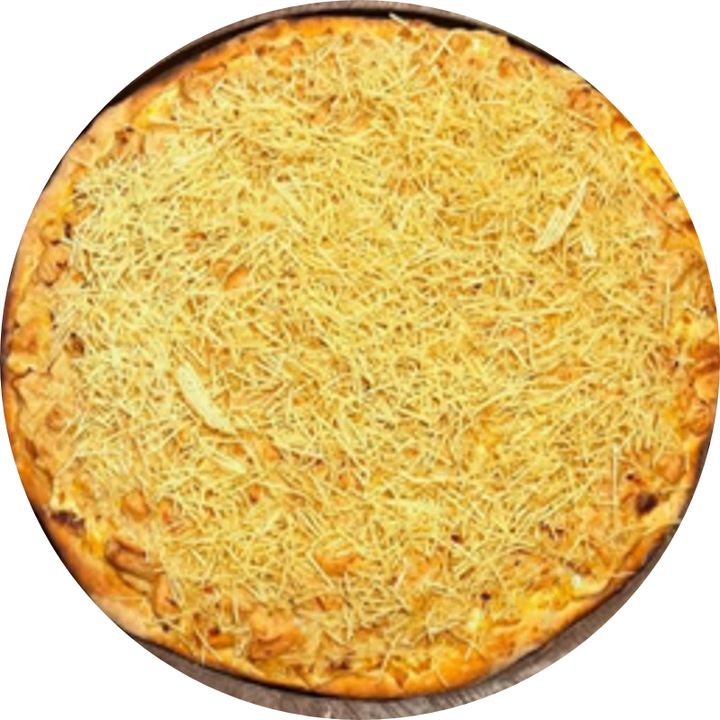 Sabores Tradicionais: T- Strogonoff De Frango - Pizza Gigante (Ingredientes: Molho de Tomate, Mussarela, Strogonoff de Frango, Batata Palha, Orégano)