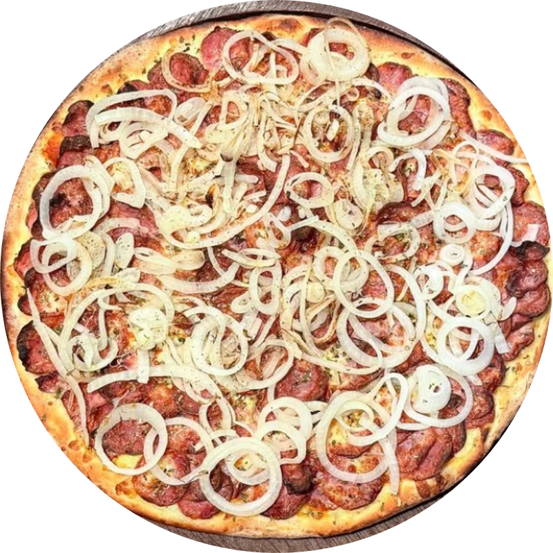 Sabores Tradicionais: T- Calabresa Acebolada - Pizza Gigante (Ingredientes: Molho de Tomate, Mussarela, Calabresa, Cebola, Orégano)