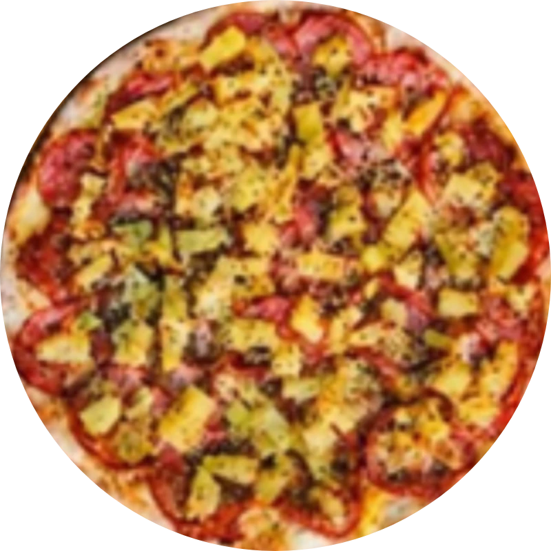Sabores Tradicionais: T- Lombo Com Abacaxi - Pizza Gigante (Ingredientes: Molho de Tomate, Mussarela, Lombo, Abacaxi e Orégano.)