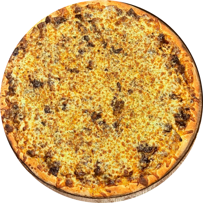 Sabores Especiais: E- Filé Ao Barbecue - Pizza Gigante (Ingredientes: Molho de Tomate, Mussarela, Filé de Carne Bovina, Cebola Caramelizada, Molho Barbecue, Orégano)