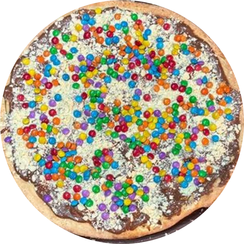 Sabores Doces Especiais: E- Confete - Pizza Gigante (Ingredientes: Creme de Leite, Mussarela, Chocolate ao Leite Forneável, Chocolate Branco, Confete)
