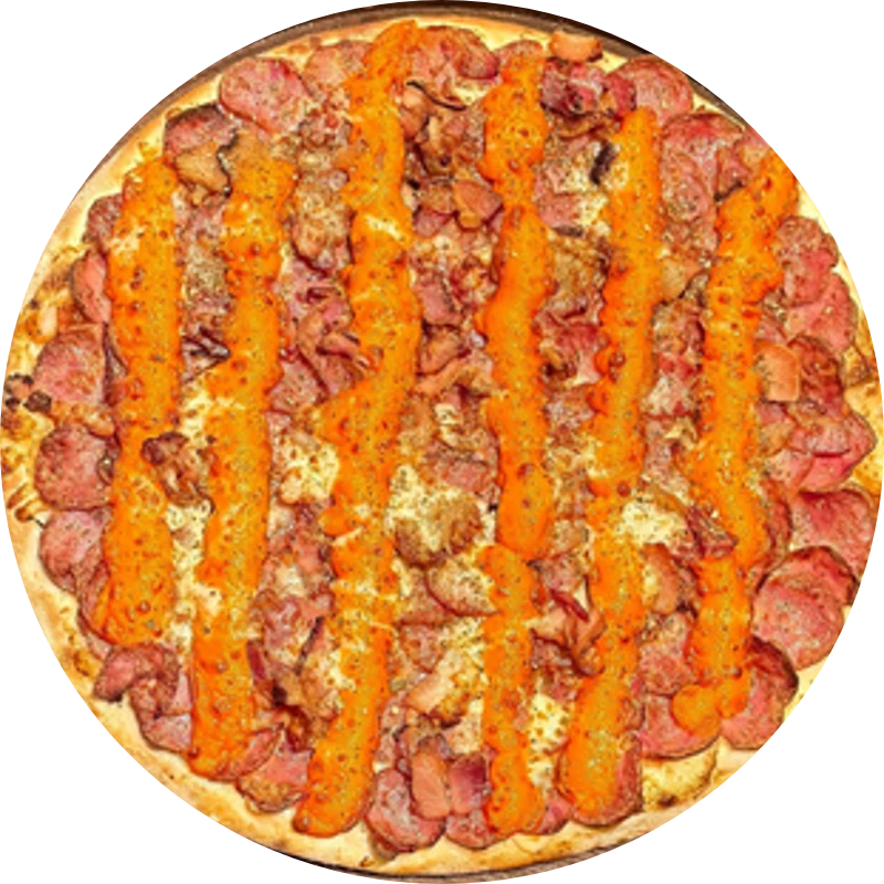 Sabores Especiais: E- Calabresa Suprema - Pizza Gigante (Ingredientes: Molho de Tomate, Mussarela, Calabresa, Bacon , Cheddar, Orégano)