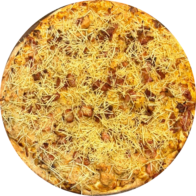 Sabores Tradicionais: T- Strogonoff De Frango Com Bacon - Pizza Gigante (Ingredientes: Molho de Tomate, Mussarela, Strogonoff de Frango, Bacon , Batata Palha, Orégano)