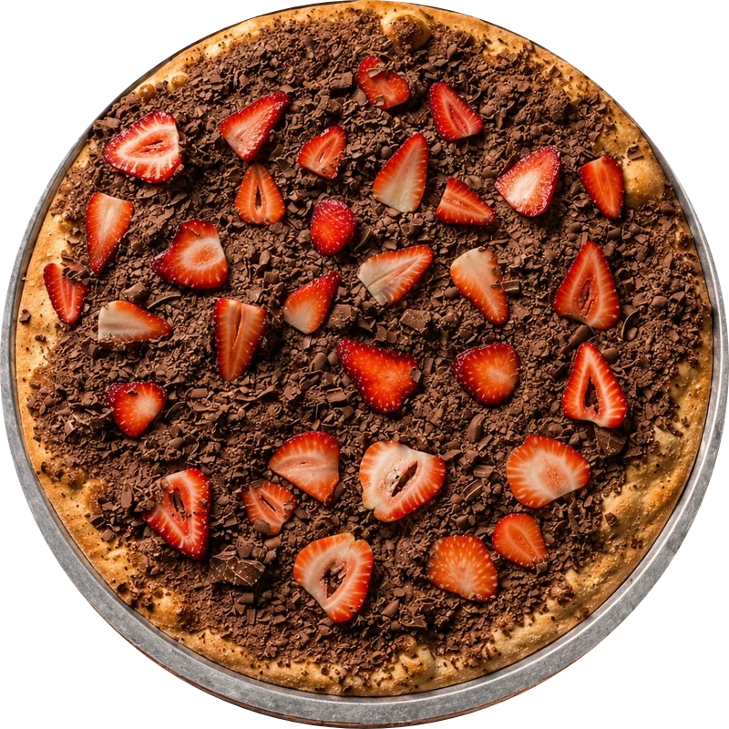 Sabores Doces Especiais: E- Sensação - Pizza Gigante (Ingredientes: Creme de Leite, Mussarela, Chocolate ao Leite, Morango)
