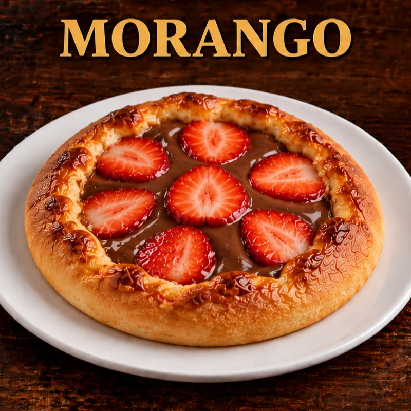ESFIHAS DOCES: ESFIHA MORANGO - Chocolate ao leite cremoso com morangos frescos sobre massa fofinha. Doce e refrescante.