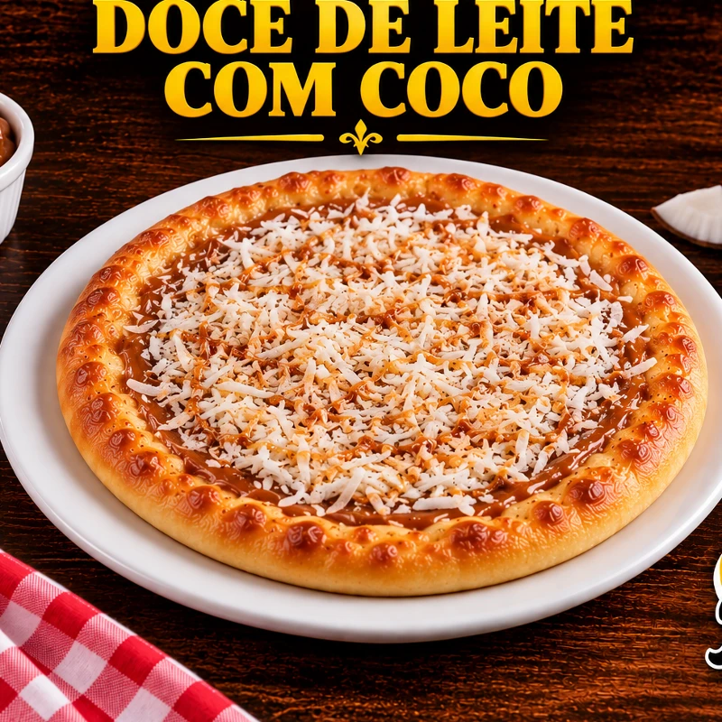 ESFIHAS DOCES: ESFIHA DOCE LEITE E COCO - Doce de leite cremoso com coco ralado em uma esfiha fofinha. Sabor delicado e envolvente.