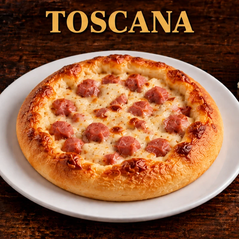 Esfihas Salgadas: Esfiha Toscana - Calabresa e muçarela derretida em uma esfiha de massa fofinha. Sabor marcante a cada mordida.