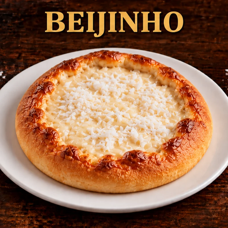 ESFIHAS DOCES: ESFIHA BEIJINHO - Chocolate branco cremoso e coco ralado em uma esfiha macia. Doçura suave em cada mordida.