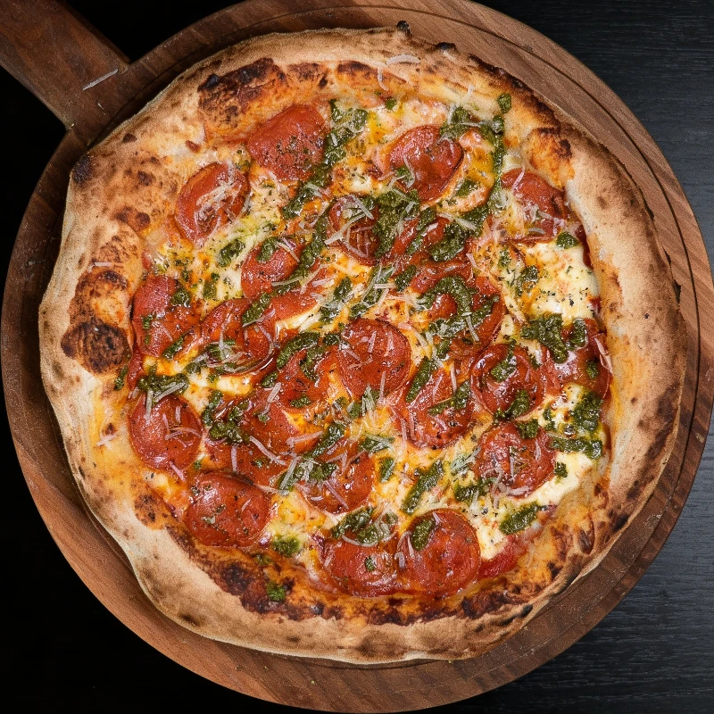 Napolitana longa fermentação: Peperoni Al Pesto - Napolitana Individual 25Cm (Ingredientes: )