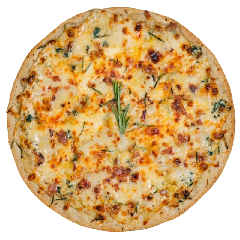 Tradicionais: 4 Formaggi Al Bacon - Pizza Romana Grande (Ingredientes: Uma combinação intensa e aromática, com mozzarella, provolone e gorgonzola, envolvidos por um creme de queijos e alecrim, finalizada com parmesão, mel e farofa de bacon crocante, Equilibrada entre o salgado e o adocicado)