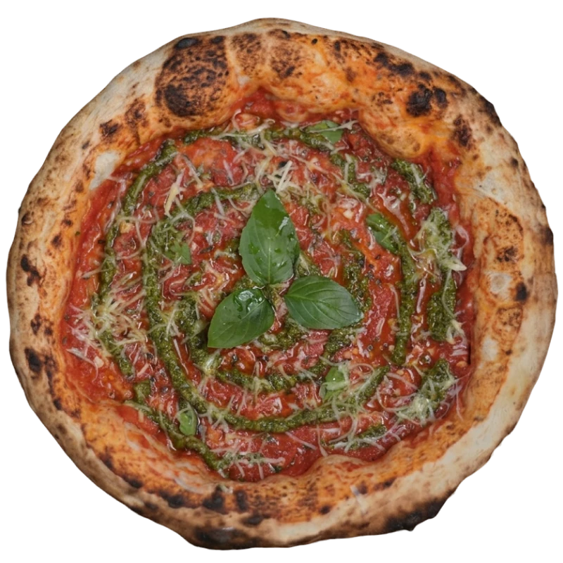 Tradicionais: Marinara Antica - Pizza Napolitana Grande (Ingredientes: Uma releitura da clássica marinara italiana, com molho de tomate, alho e ervas frescas, finalizada com parmesão, azeite de oliva e um delicado toque de pesto genovese, Leve, aromática e elegante — a prova de que o simples, quando bem feito, é extraordinário)