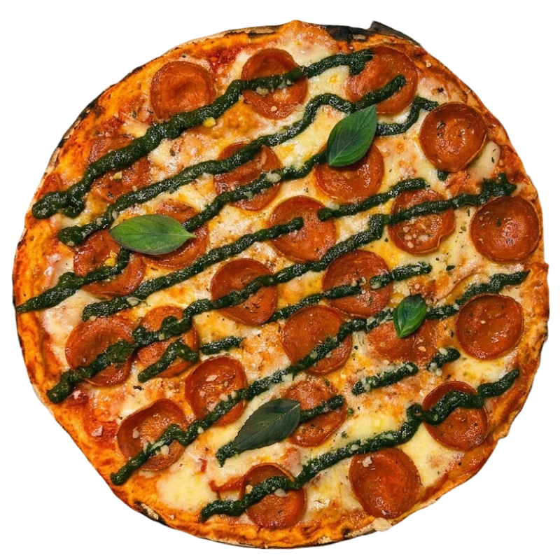 Tradicionais: Peperoni Al Pesto - Pizza Romana Grande (Ingredientes: Um clássico: molho de tomate italiano, mozzarella, peperoni marcante e o provolone trazendo profundidade. Finalizada com pesto genovese e parmesão, que elevam cada detalhe, Intensa, equilibrada e cheia de sabor)
