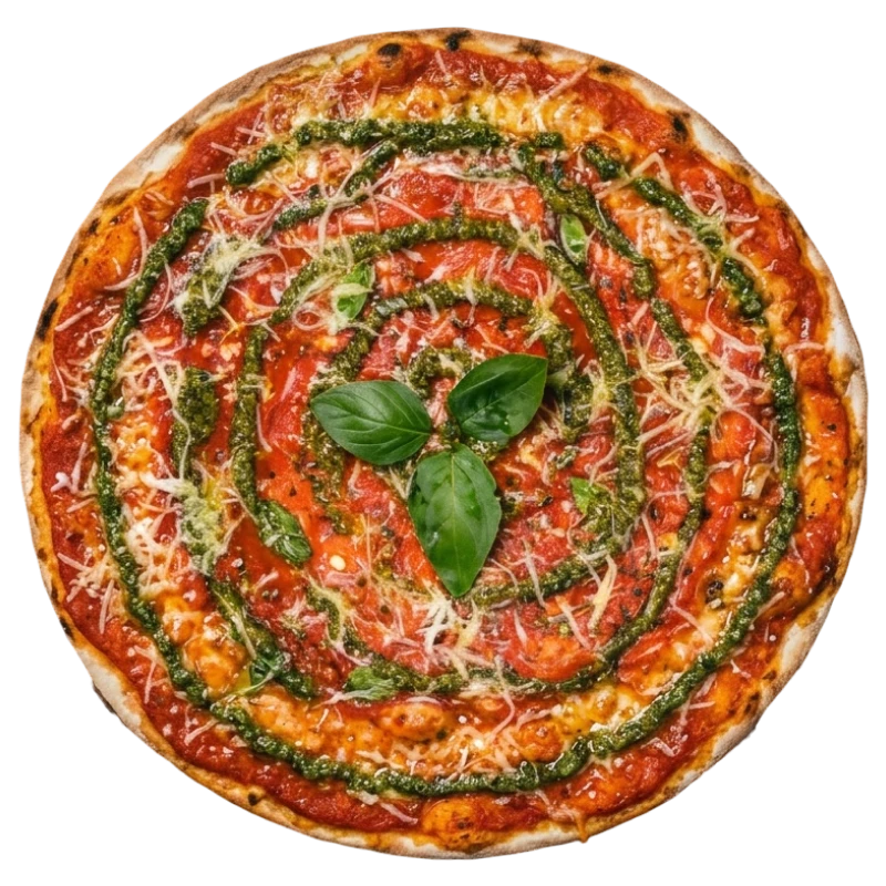 Tradicionais: Marinara Antica - Pizza Romana Grande (Ingredientes: Uma releitura da clássica marinara italiana, com molho de tomate, alho e ervas frescas, finalizada com parmesão, azeite de oliva e um delicado toque de pesto genovese, Leve, aromática e elegante — a prova de que o simples, quando bem feito, é extraordinário)