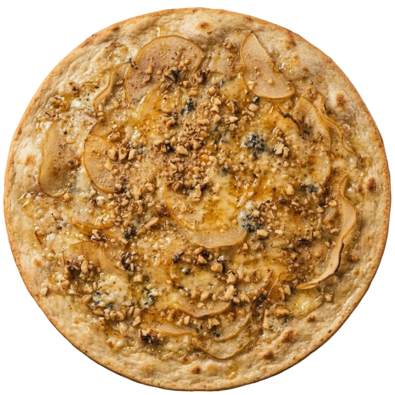 Tradicionais: Pêra com Gorngonzola - Pizza Romana Grande (Ingredientes: Uma combinação elegante de mozzarella, pera fresca e gorgonzola, equilibrada pelo toque delicado de mel e finalizada com farofa crocante de nozes. O encontro perfeito entre o doce, o salgado e a cremosidade.)