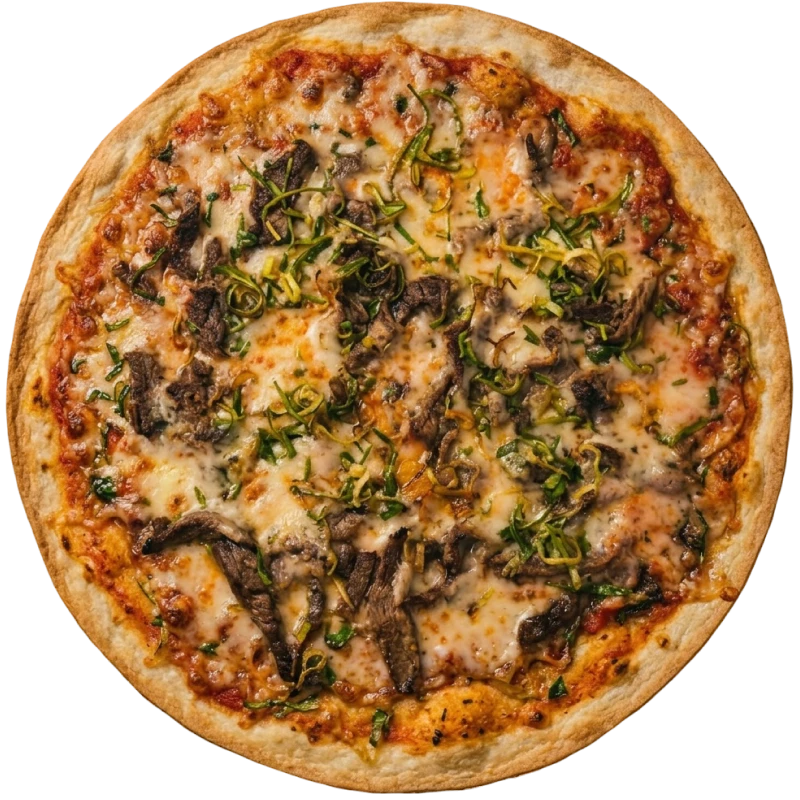 Tradicionais: Filé al Quattro Formaggi - Pizza Romana Grande (Ingredientes: Molho de tomate italiano, mozzarella, filé macio e um irresistível creme de quattro formaggi. Finalizada com crispies de alho-poró, que acrescentam leveza e crocância a uma combinação intensa, cremosa e cheia de sabor.)