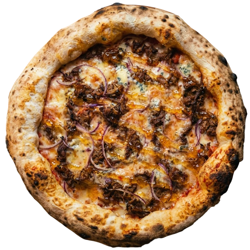 Tradicionais: Costela Nonni - Pizza Napolitana Grande (Ingredientes: Costela desfiada lentamente, gorgonzola e cebola roxa sobre nossa base de molho de tomate italiano e mozzarella, finalizada com geleia de pimenta.)