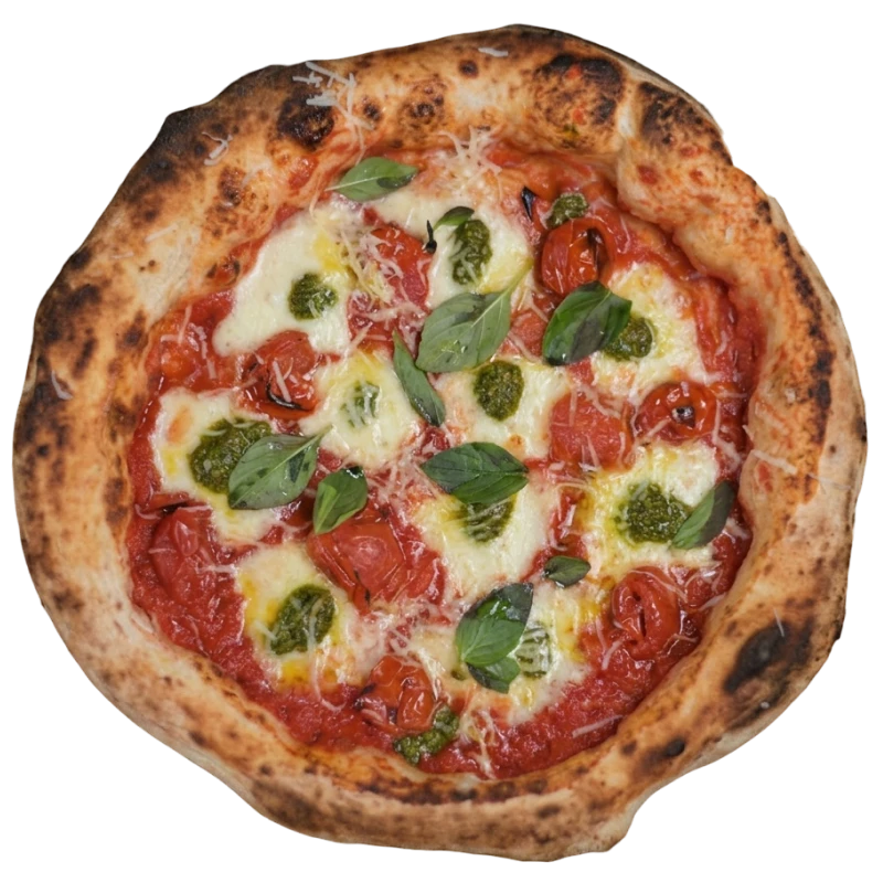 Tradicionais: Bufalina - Pizza Napolitana Grande (Ingredientes: Uma pizza leve e delicada, com molho de tomate, manjericão fresco, tomate cereja confit e mozzarella de búfala que derrete suavemente ao forno, finalizada com parmesão e um toque de azeite, Fresca, aromática e equilibrada, um clássico italiano que nunca falha)