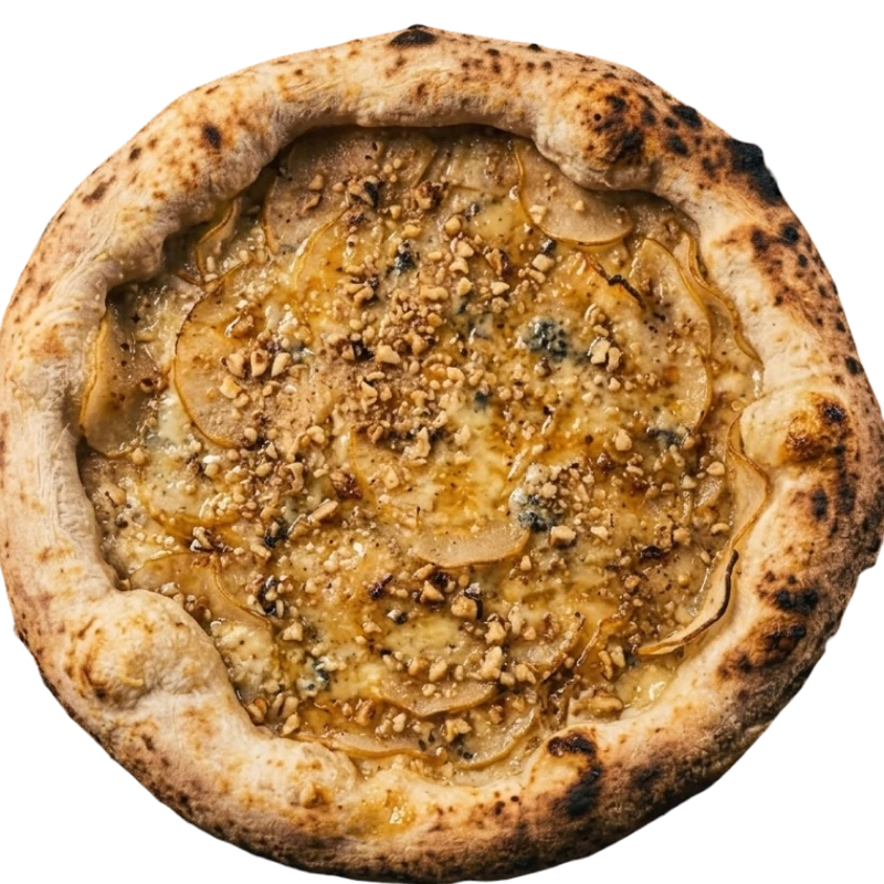 Tradicionais: Pêra com Gorgonzola - Pizza Napolitana Grande (Ingredientes: Uma combinação elegante de mozzarella, pera fresca e gorgonzola, equilibrada pelo toque delicado de mel e finalizada com farofa crocante de nozes. O encontro perfeito entre o doce, o salgado e a cremosidade.)