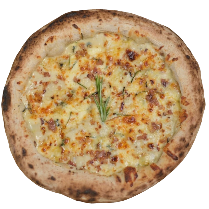 Tradicionais: 4 Formaggi Al Bacon - Pizza Napolitana Grande (Ingredientes: Uma combinação intensa e aromática, com mozzarella, provolone e gorgonzola, envolvidos por um creme de queijos e alecrim, finalizada com parmesão, mel e farofa de bacon crocante, Equilibrada entre o salgado e o adocicado)