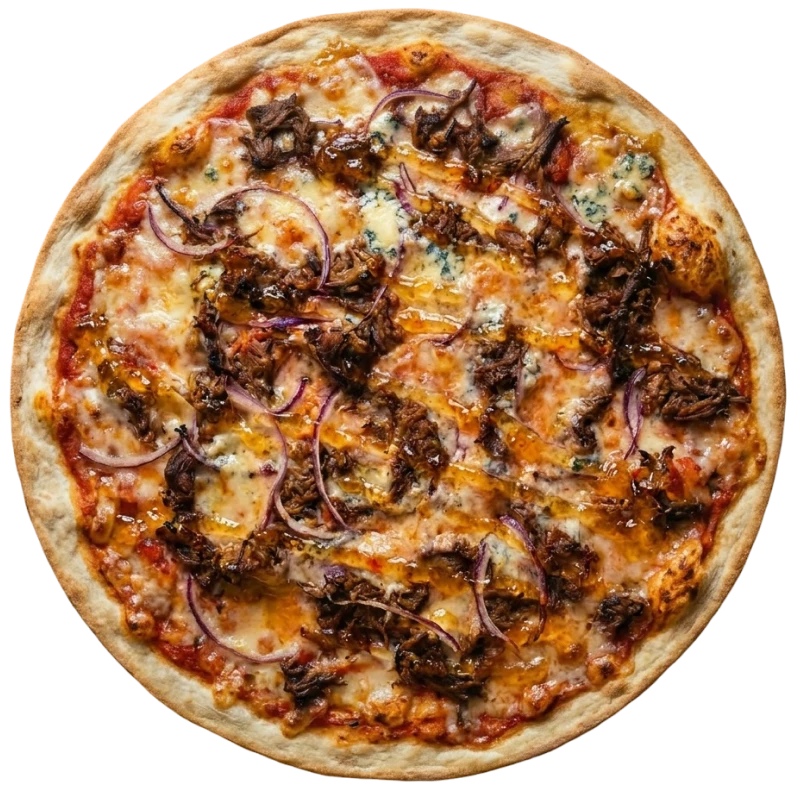 Tradicionais: Costela Nonni - Pizza Romana Grande (Ingredientes: Costela desfiada lentamente, gorgonzola e cebola roxa sobre nossa base de molho de tomate italiano e mozzarella, finalizada com geleia de pimenta.)