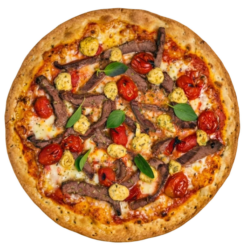 Tradicionais: Picanha - Pizza Romana Grande (Ingredientes: Muçarela de búfala, tomates cereja confit e tiras de picanha suculenta sobre molho de tomate italiano, finalizados com aioli de chimichurri e manjericão fresco. Intensa, aromática e cheia de personalidade)