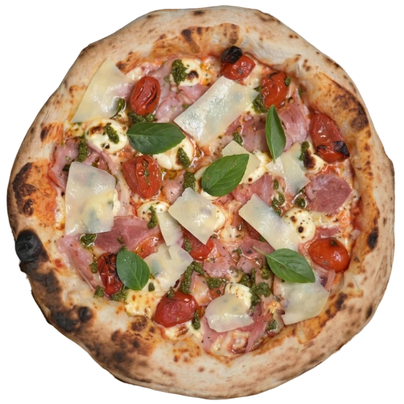 Tradicionais: Royale - Pizza Napolitana Grande (Ingredientes: Presunto royal e tomates cereja confit sobre base de molho de tomate italiano e mussarela, finalizados com stracciatella cremosa, pesto genovese e lascas de parmesão. Refinada e delicada, combina cremosidade, frescor e intensidade em cada fatia)