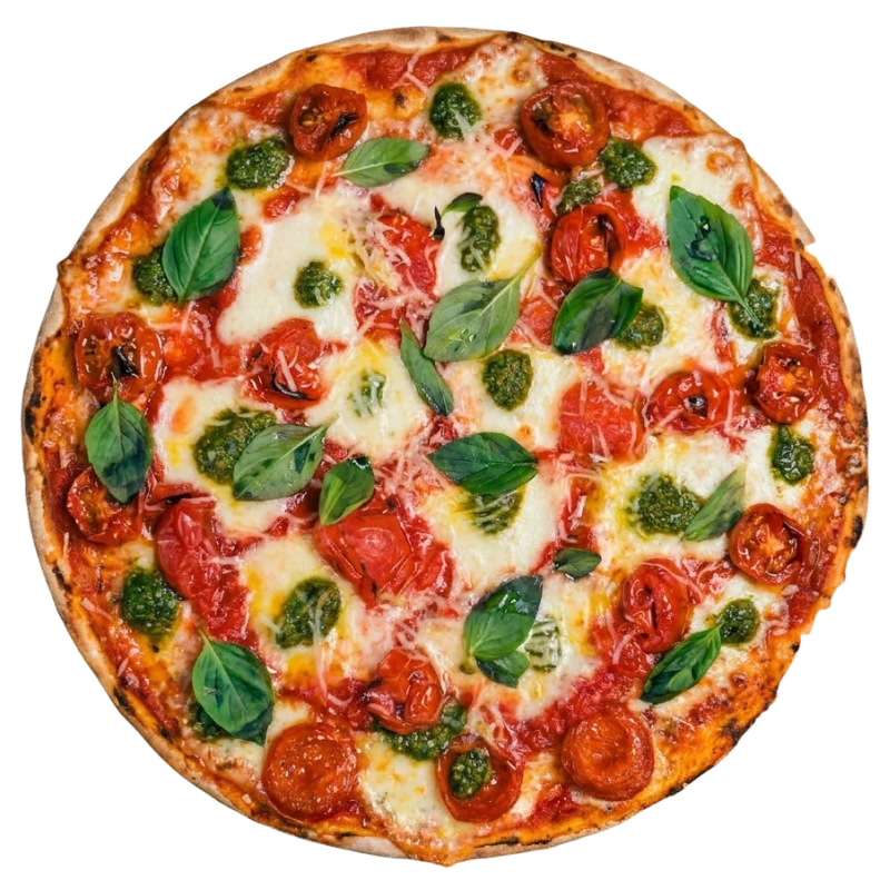 Tradicionais: Bufalina - Pizza Romana Grande (Ingredientes: Uma pizza leve e delicada, com molho de tomate, manjericão fresco, tomate cereja confit e mozzarella de búfala que derrete suavemente ao forno, finalizada com parmesão e um toque de azeite, Fresca, aromática e equilibrada, um clássico italiano que nunca falha)