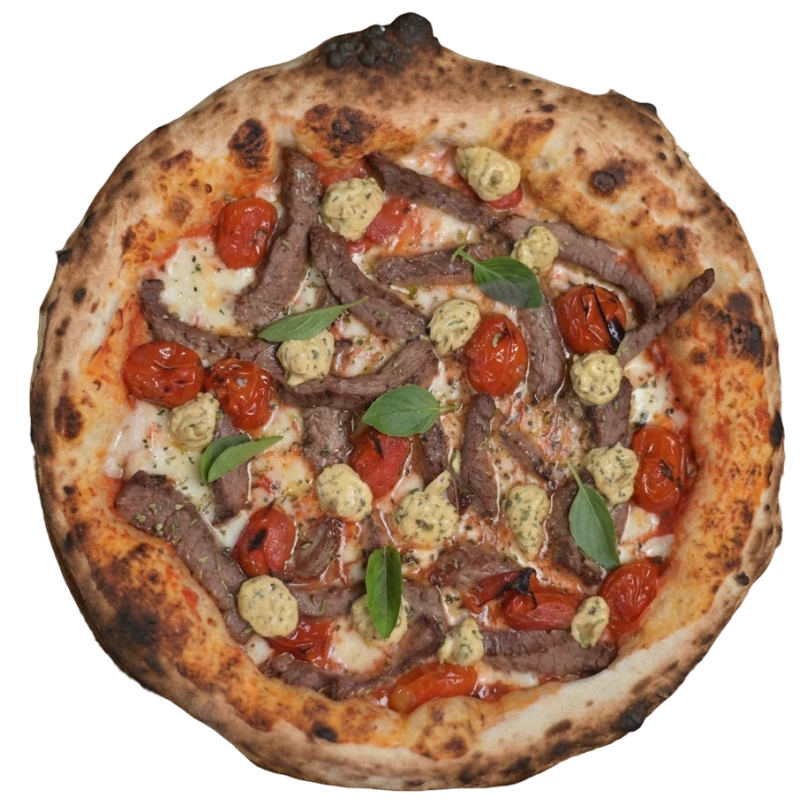 Tradicionais: Picanha - Pizza Napolitana Grande (Ingredientes: Muçarela de búfala, tomates cereja confit e tiras de picanha suculenta sobre molho de tomate italiano, finalizados com aioli de chimichurri e manjericão fresco. Intensa, aromática e cheia de personalidade)