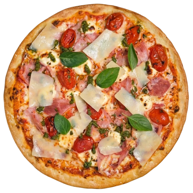 Tradicionais: Royale - Pizza Romana Grande (Ingredientes: Presunto royal e tomates cereja confit sobre base de molho de tomate italiano e mussarela, finalizados com stracciatella cremosa, pesto genovese e lascas de parmesão. Refinada e delicada, combina cremosidade, frescor e intensidade em cada fatia)