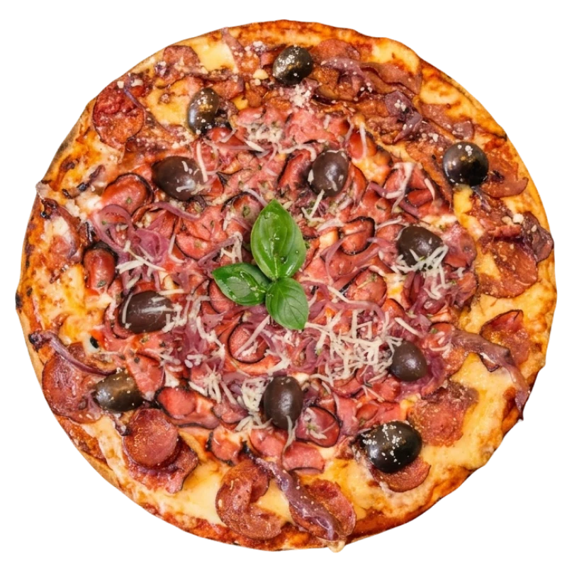 Tradicionais: Calabresa - Pizza Romana Grande (Ingredientes: Calabresa selecionada e cebola lentamente caramelizada no vinho sobre base de molho de tomate italiano e mussarela, finalizada com azeitonas pretas, parmesão e manjericão fresco, Um clássico com profundidade de sabor, equilibrando o intenso com notas levemente adocicadas)