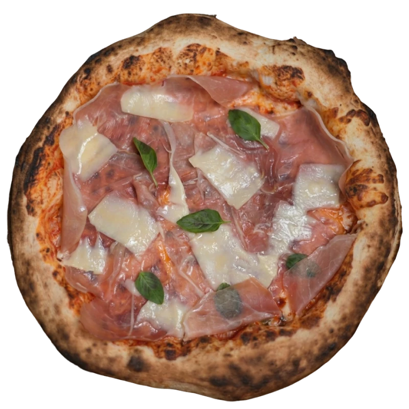 Tradicionais: La Tartufatta - Pizza Napolitana Grande (Ingredientes: Uma combinação refinada de presunto parma, lascas de parmesão e azeite trufado sobre base de molho de tomate italiano e mussarela, Sofisticada e envolvente, é a escolha para quem busca uma experiência gastronômica marcante)