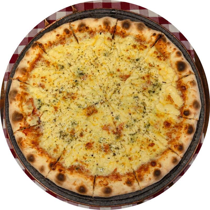 Salgadas: Quatro Queijos - Pizza GG (Ingredientes: Gorgonzola, Molho de Tomate, Mussarela, Orégano, Provolone, Requeijão)