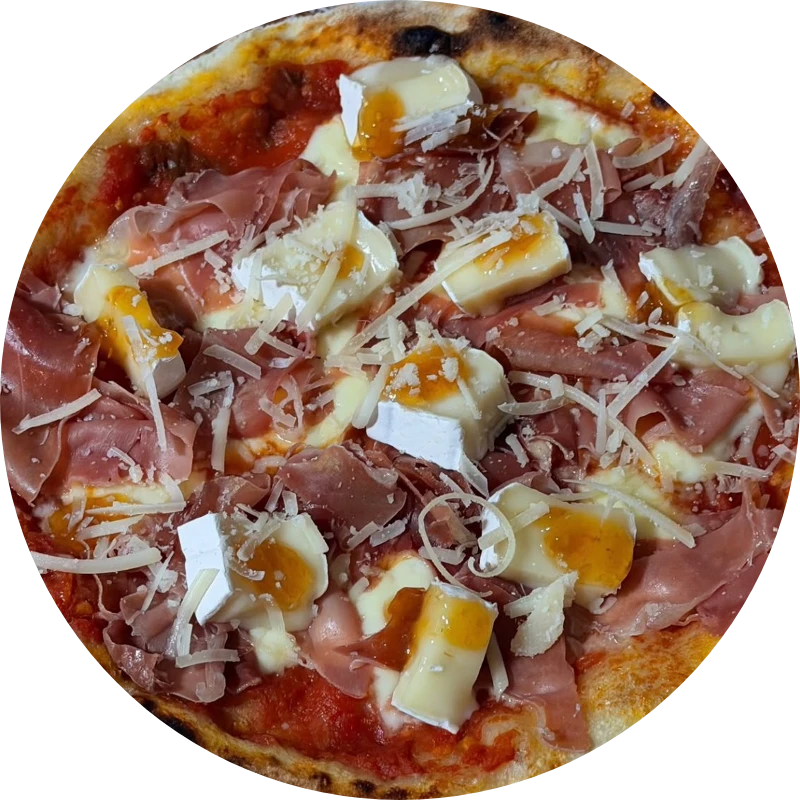Tradicionais: Brie di Parma - Pizza Grande (Ingredientes: Muçarela, Molho de tomate artesanal, Geleia de Goiaba, Queijo Brie, Presunto parma)