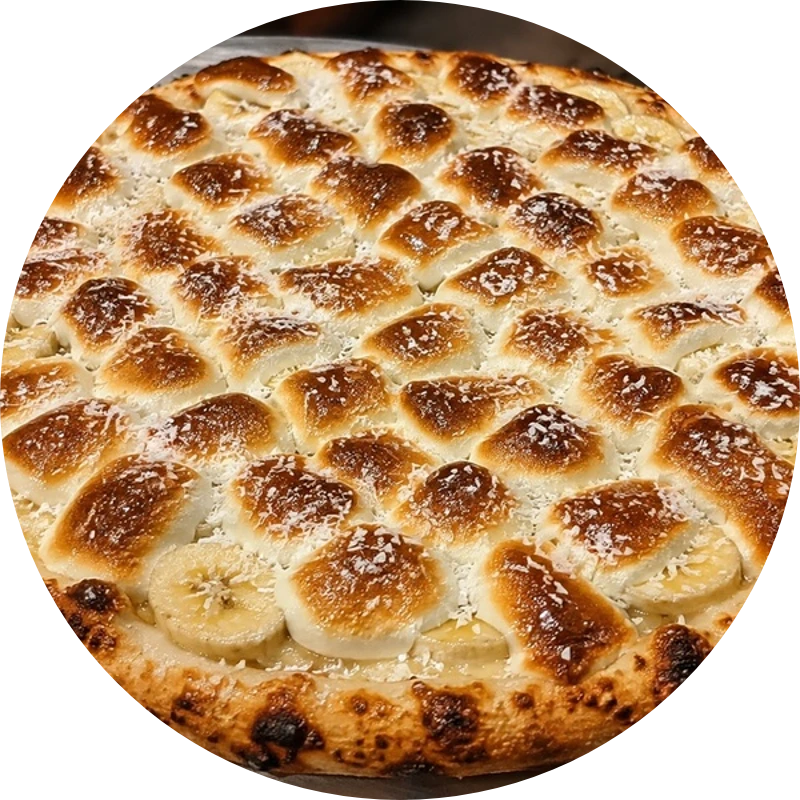 Doces: Banana Nevada - Pizza Grande (Ingredientes: Creme de Leite, Mussarela, Banana, Cobertura de Neve)
